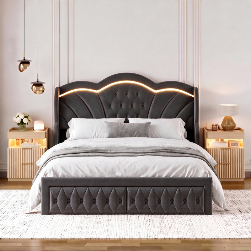Ensemble de chambre à coucher 3 pièces, lit tapissier à DEL, cadre de lit princesse avec tiroirs, Gray, Full/ Double