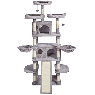 Arbre à chat pour chats d'intérieur, tour pour chat de 63 po avec 2 condos pour chat, poteau à griffes en sisal, hamac, perchoir supérieur, plateformes de saut, grand centre d'activité de mobilier pour chat avec ballon suspendu, gris clair