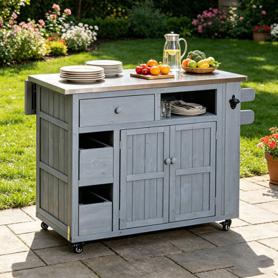 Îlot de cuisine extensible en bois massif d'extérieur 19,3 po / 28 po, table de gril supérieure en acier inoxydable avec support à épices latéral, chariot de cuisine avec tiroirs, armoire de rangement pour la cour arrière, barbecue, fête
