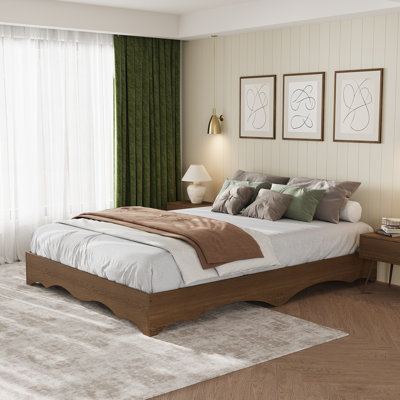 Minimalist Wave Edge Wooden Platform Bed Frame – Low Profile, Sturdy Slats, No Headboard, Noise-Free, No Box Spring Needed, Easy Assembly, Full Size, Walnut