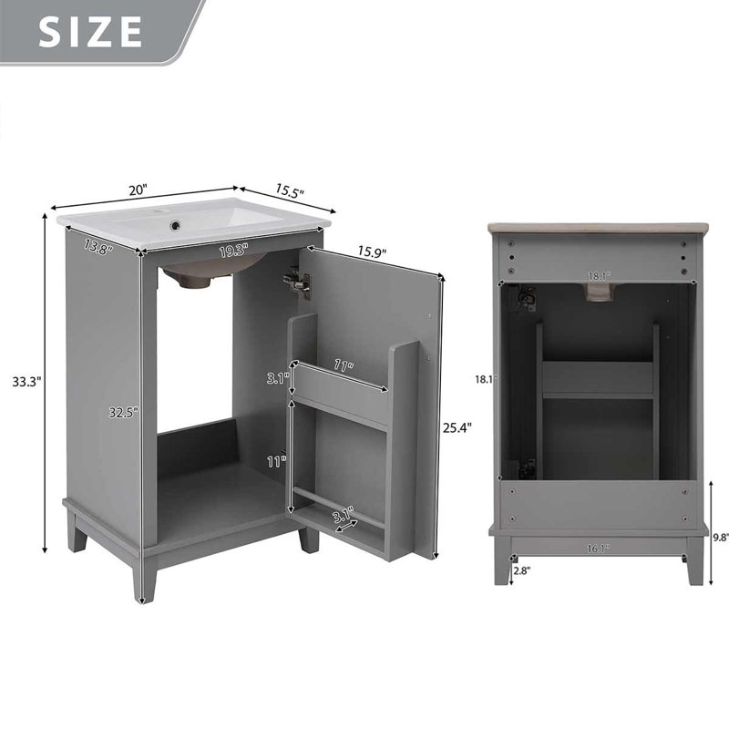 Meuble-lavabo simple 20 po avec plateau en céramique Meader, Gris