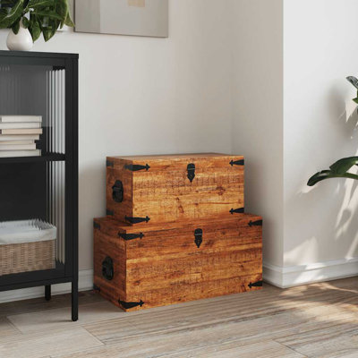 vidaXL Rustic Mango Wood Storage Chests Set of 2 – Handmade Wooden Trunks with Vintage Style, Spacious Decorative Boxes for Living Room & Bedroom, Durable & Charming Organizer