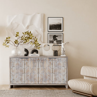 Armoire décorative avec rangement en bois à 4 portes de style maison de campagne, idéale pour diverses pièces et décors, finition en bois naturel délavé