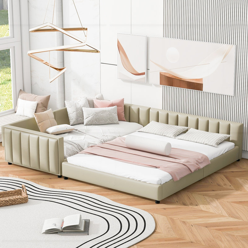 Lit plateforme en tissu d'ameublement, Beige