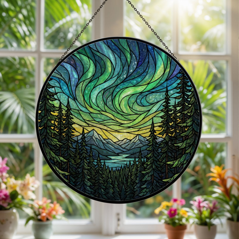 Panneau de vitrail en verre coloré 7,8 po H Northern Lights, H 7,8 po x l 7,8 po