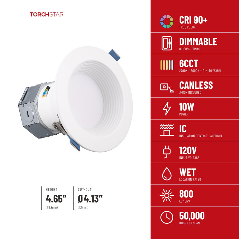 Luminaire encastré à DEL Core de 4 po à intensité variable (blanc chaud/blanc chaud), diffuseur antiéblouissement, sans boîtier, température de couleur réglable de 2 700 K à 5 000 K, 800 lm, 10 W, IRC 90+, étanche à l'air (norme IC), résistant à l'humidité, certifié ETL, blanc