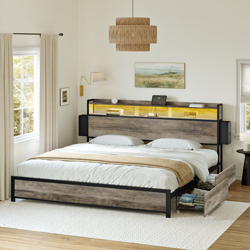 Lit Livia King avec 2 tiroirs sous le lit, lit plateforme moderne avec station de recharge et éclairage DEL, tête de lit avec rangement, 2 tiroirs de chevet et étagères ouvertes, gris