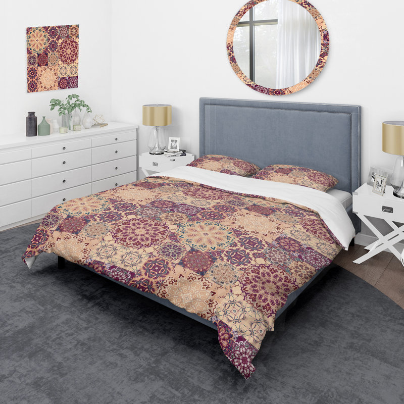 Peach Tiles Patchwork - Ensemble de housse de couette à motif, Housse de couette pour grand lit et 2 taies décor