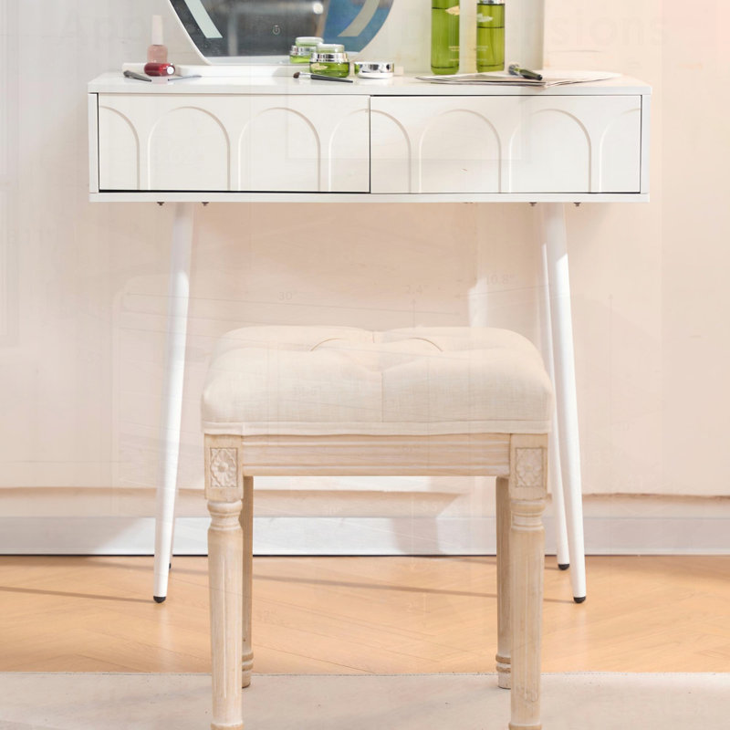 Banc de hall d'entrée en tissu de lin de style français, bout de lit tapissier capitonné avec pieds élégants en bois brossé, beige