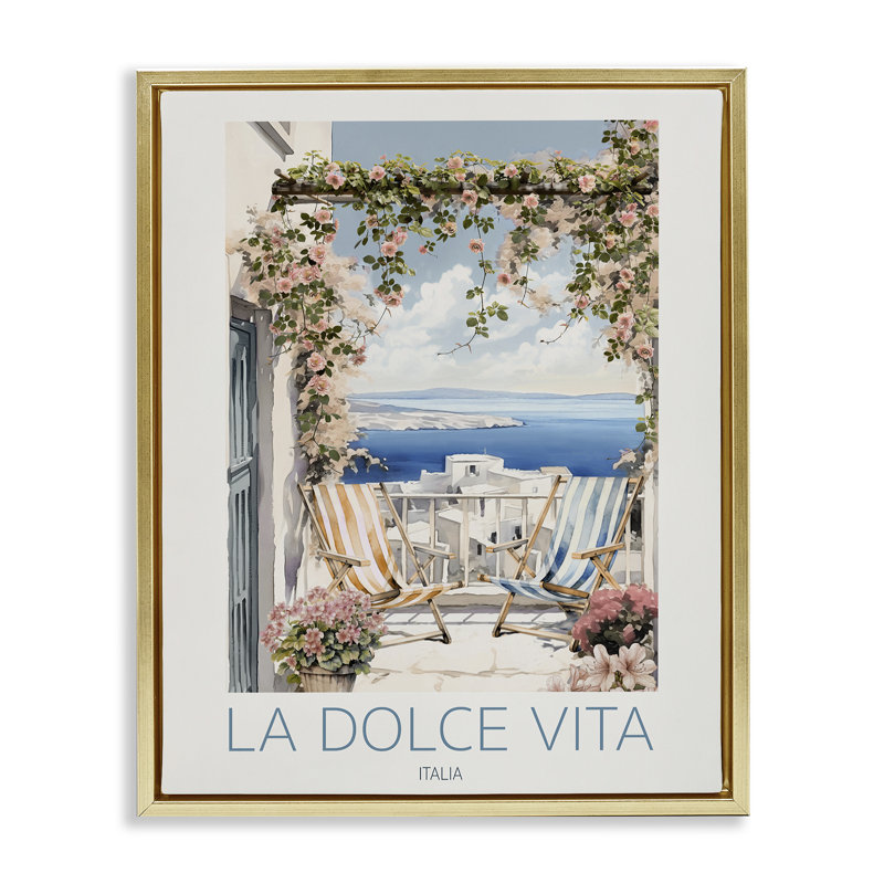 Cadre flottant Coastal Italian View Balcon, design par CAD Designs, H 31 po x l 25 po, Cadre flottant métallique doré