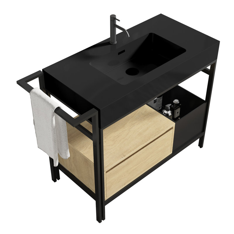 Meuble-lavabo modulaire industriel de 91,4 cm (36 po) avec tiroir à fermeture amortie, bac de rangement ouvert, barre porte-serviettes réglable, quincaillerie, quartz chêne noir, profondeur 92,1 cm (36,25 po), largeur 46,3 cm (18,22 po), hauteur 84,5 cm (33,27 po), 273,1 cm (107,51 po).