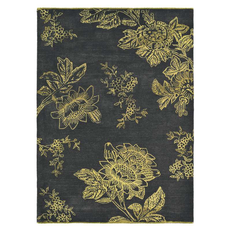 Hand Tufted Floral Area Rug in Charcoal/Gold, Rectangle 6'7" x 9'2"