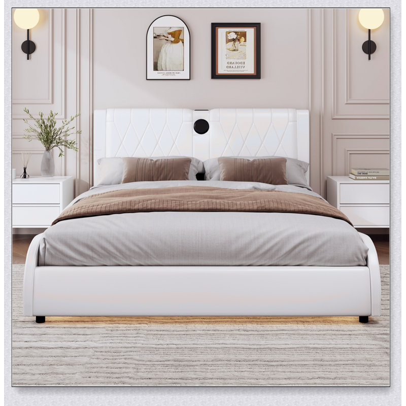 Lit plateforme luxueux en similicuir, tête de lit épaisse, Bluetooth, DEL RVB, Blanc, Grand