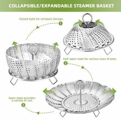 Panier à vapeur, panier à vapeur à légumes en acier inoxydable de qualité supérieure pour la cuisson de légumes et de fruits de mer, panier à vapeur extensible pour aliments pour casseroles et poêles de différentes tailles, (argent)
