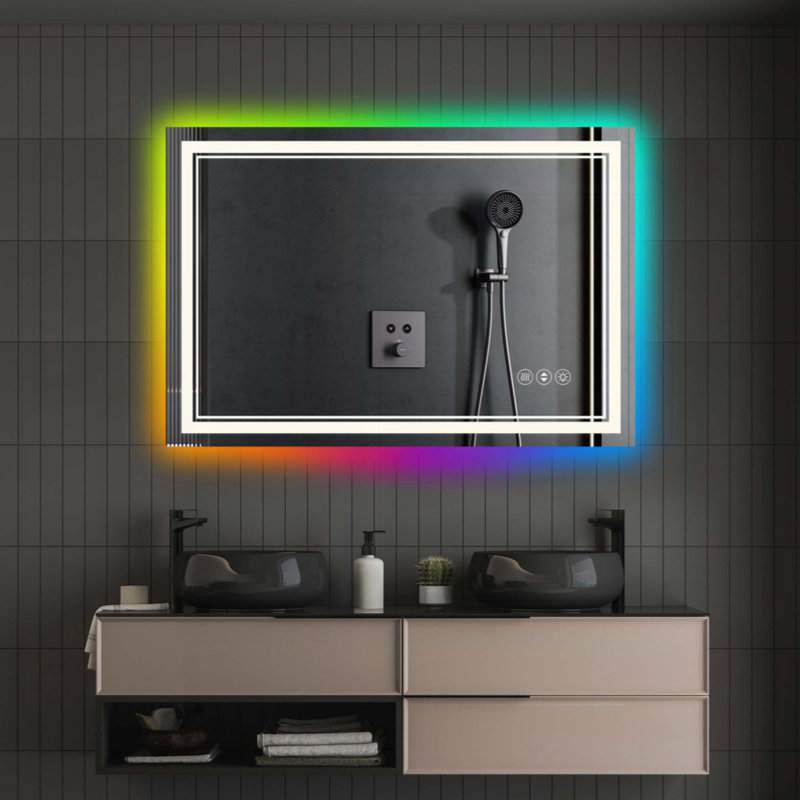 Miroir de salle de bain sans cadre à DEL avec rétroéclairage RVB et caractéristiques intelligentes, 48 po x 30 po