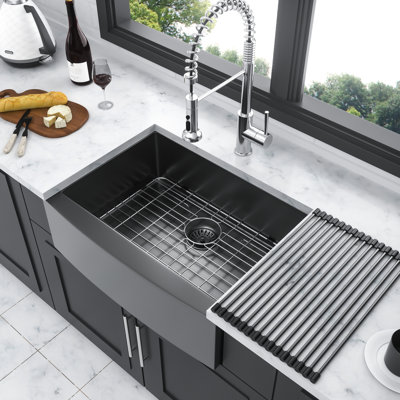 27x21x10 Inch Kitchen Sink, Gunmetal Black, 16g Stainless Steel, Condensation Coating, Quiet Cooking Environment Black Apron Steel 16g, Reduces Build-up, 27