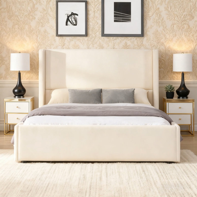 Élégant lit tapissier en tissu avec grande tête de lit, grand, Grand