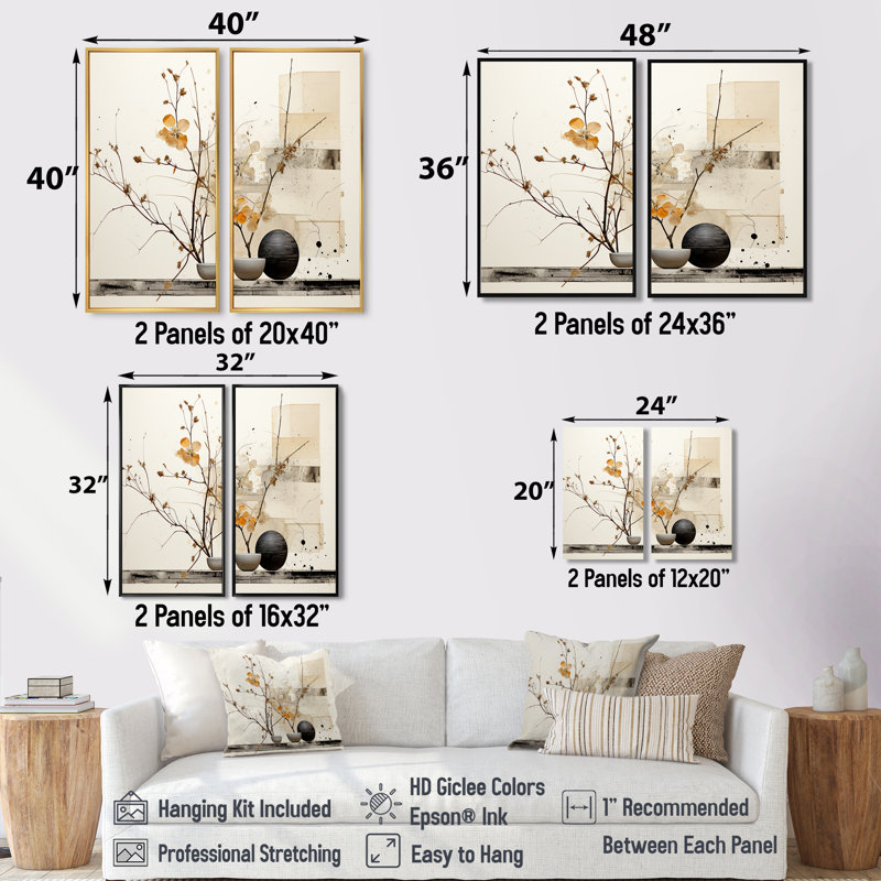 «Asian Art Sumi Bird Serenity XXI», reproduction sur toile jaune, H 20 po x l 24 po, Reproduction encadrée sans passe-partout