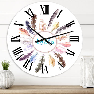Vintage Round Wreath With Birds Feathers - Bohemian & Eclectic wall clock