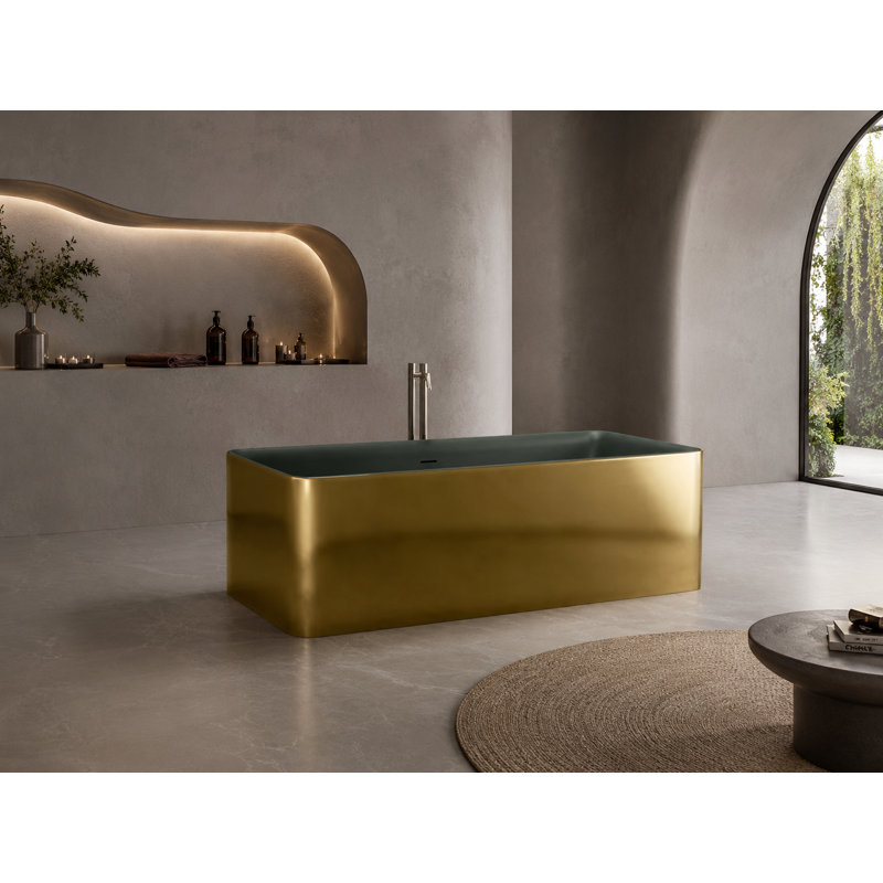 Vast Studio Aged Silver/White Freestanding Rectangular Bathtub – Deep Soaking Solid Surface Luxury Tub with Minimalist Architectural Design & Metallic Premium Finish