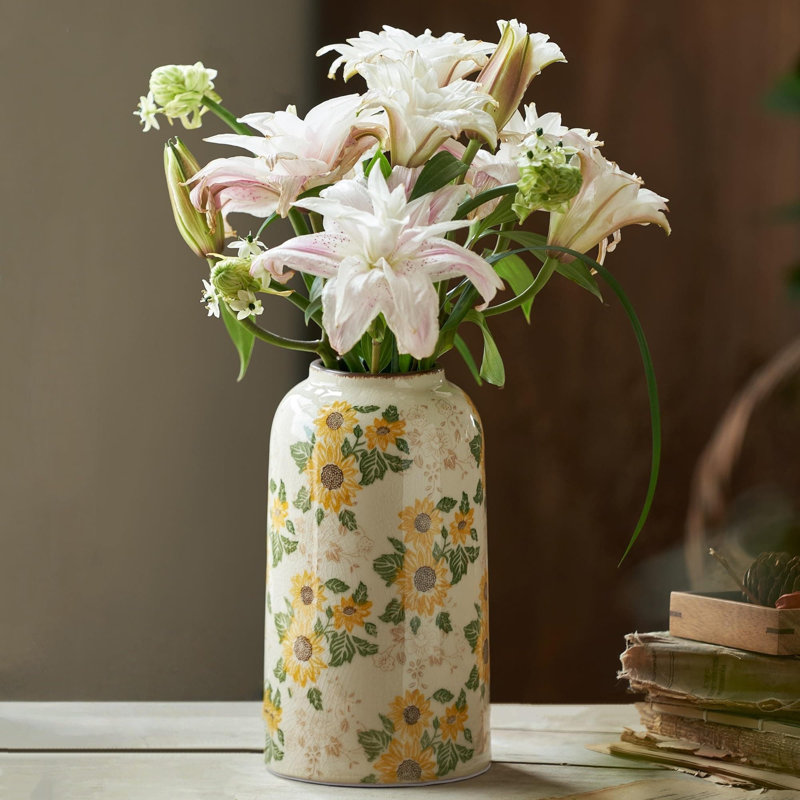Large Farmhouse Ceramic Vase With Sunflower Design, Vintage Ice Crackle Finish, Rustic Home Decor For Living Room, Dining Table, Or Shelf