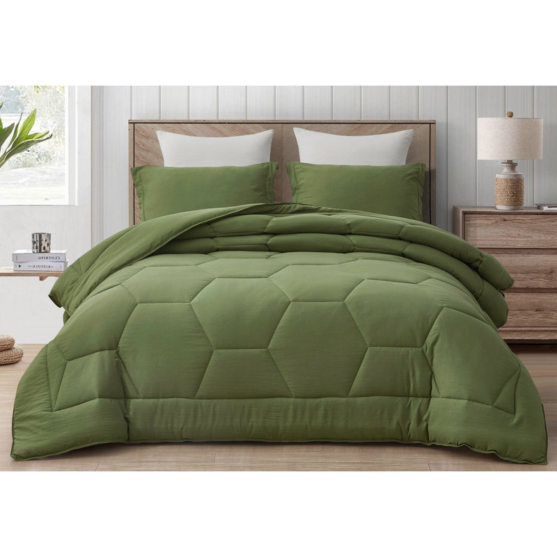 Washed Microfiber Bedding Honeycomb Comforter Set, Queen Comforter + 2 Standard Shams, Olive Green
