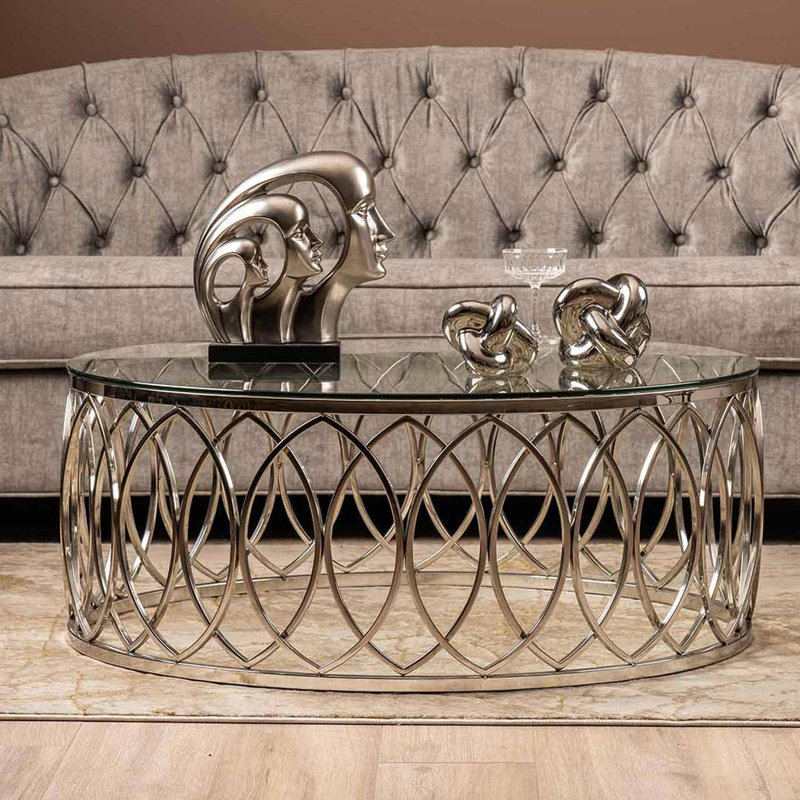 Mackenzie 100cm Round Coffee Table For Living Room Furniture, Metal Centre Table With Glass Top, Silver