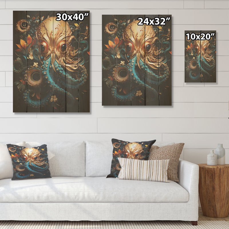 Pieuvre dorée sous l'eau - Pieuvre / calmar, art sur bois de pin naturel, H 20 po x l 10 po