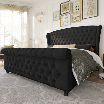 Dulane Velvet Upholstered Sleigh King Bed with Scroll Wingback Headboard, Black