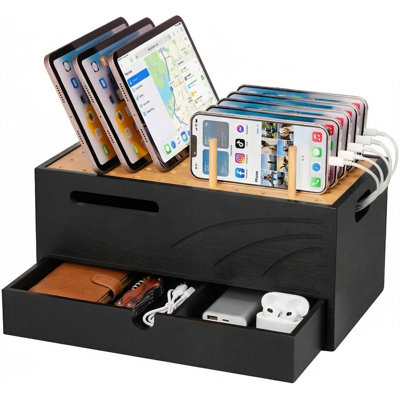 Organisateur de station de charge, support de chargeur à 2 couches, support en bambou pour plusieurs tablettes, téléphones naturels et noirs