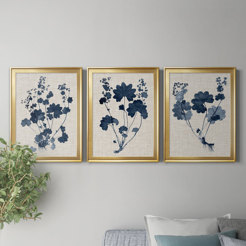 " Navy And Linen Leaves II " 3 - Pieces Painting Print, Gold, 26.5" H x 109.5" W x 1.5" D
