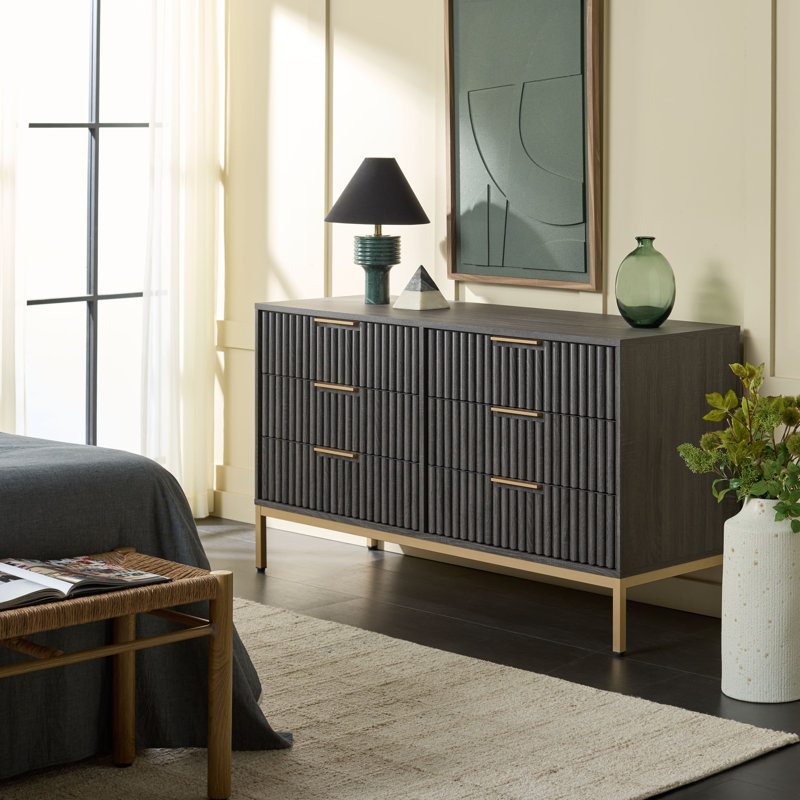 Burgess 6 Drawer Dresser, Distressed Black/Gold