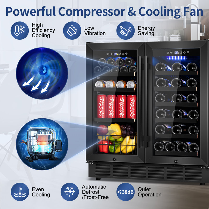 30'' Dual Zone Wine and Beverage Refrigerator, Built-In or Freestanding Beverage Cooler, Holds 29 Bottle & 88 Can, Under-Counter Wine Fridge with Metal Basket and LED Lighting