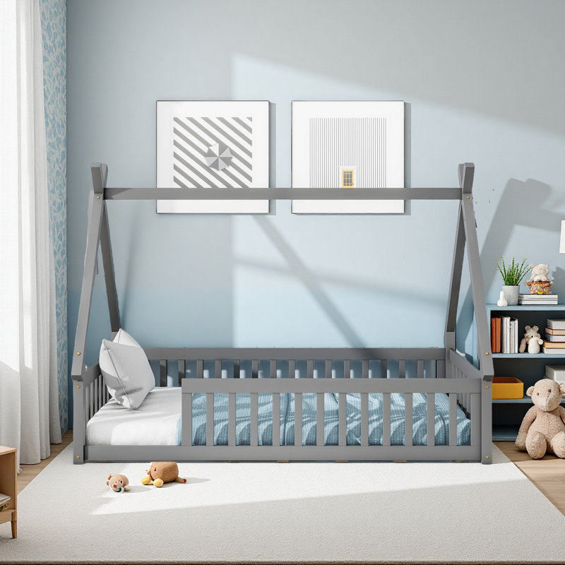 Lit simple en forme de tente, lit tipi avec garde-corps et lattes, Gris