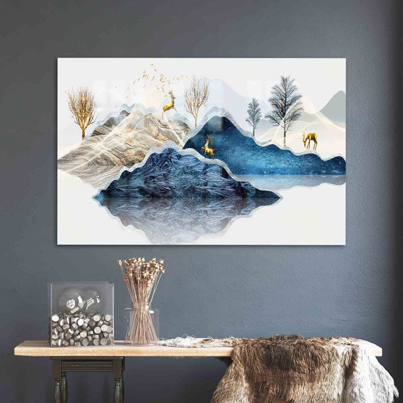 Art abstrait doré et montagnard imprimé sur verre trempé pour une décoration murale unique, H 9,1 po x l 14,2 po