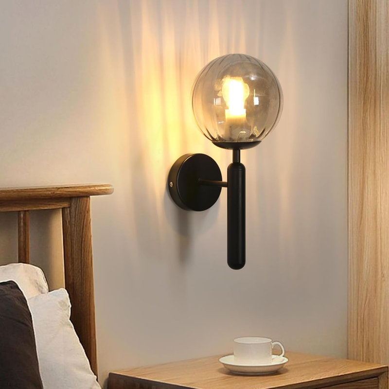 Black Base And Smoke Glass Globe 35Cm Wall Sconce