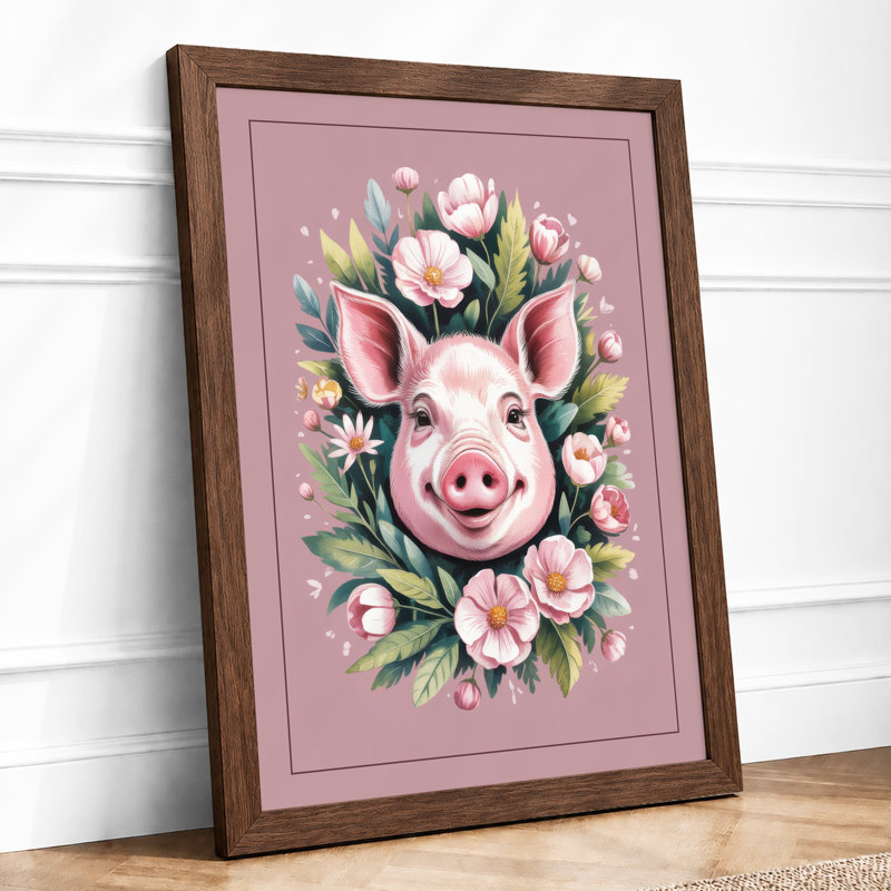 Floral Pig Portrait Boho 1 Piece Single Picture Frame Wall Art, A3 - 42.0 x 29.7 cm, Walnut