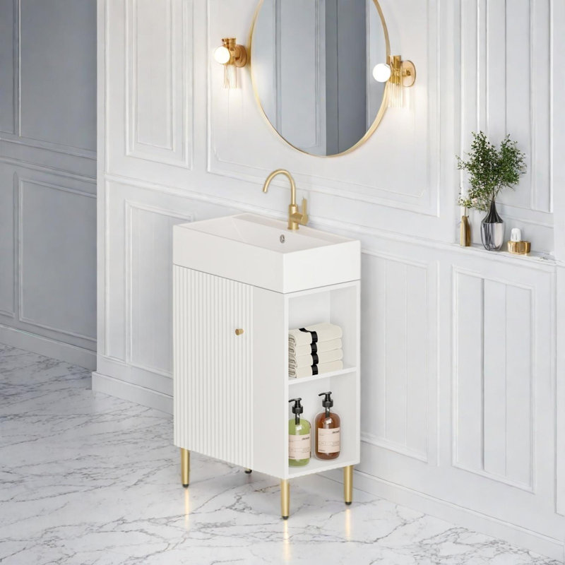 21.6" Compact Bathroom Vanity with Ceramic Sink and Storage, Assembly Required, White