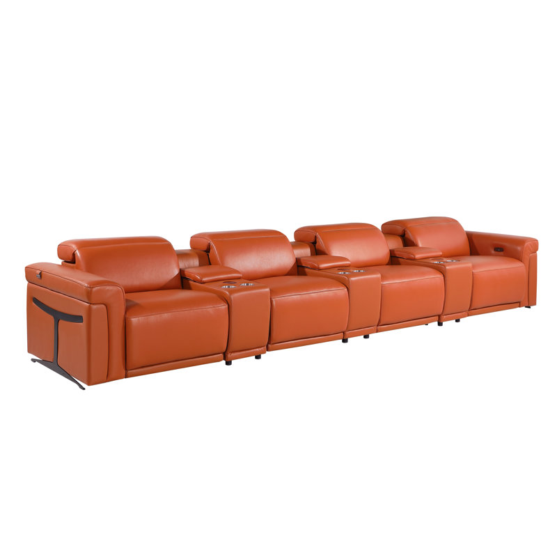 7-Piece 4-Power Reclining Italian Leather Sofa With Power Headrest, Camel