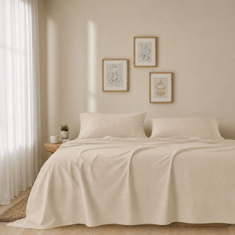 300 Thread Count 100% Cotton Jacquard Sheet Set in Sateen Weave, Queen Sheet Set with 2 Pillowcases, Beige Patriot