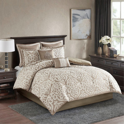 Ensemble d'édredon 8 pièces luxueux en jacquard brun clair et ivoire pour très grand californien, élégant motif en médaillon damassé avec rembourrage hypoallergénique