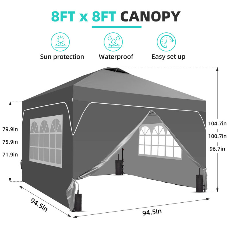 8 Ft X 8 Ft One-Push Set Up Canopy Tents With Sidewalls And Sandbags, 8 ft. W x 8 ft. D, Gray
