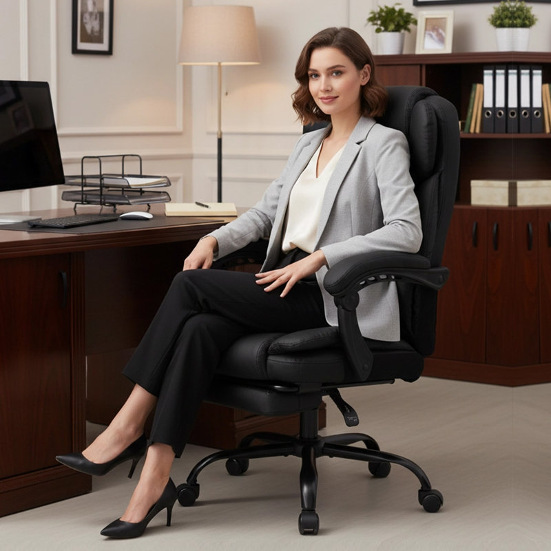 600lbs Big And Tall Pu Leather Executive Office Chair, Reclining Backrest Up To 155°, Spring Cushion Seat, Lumbar Support & Adjustable Armrests For Office Or Conference Room