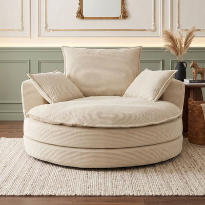 Oversized 360° Swivel Barrel Accent Chair with Deep Dual-Layer Foam Cushion, 3 Pillows and Iron Swivel Base