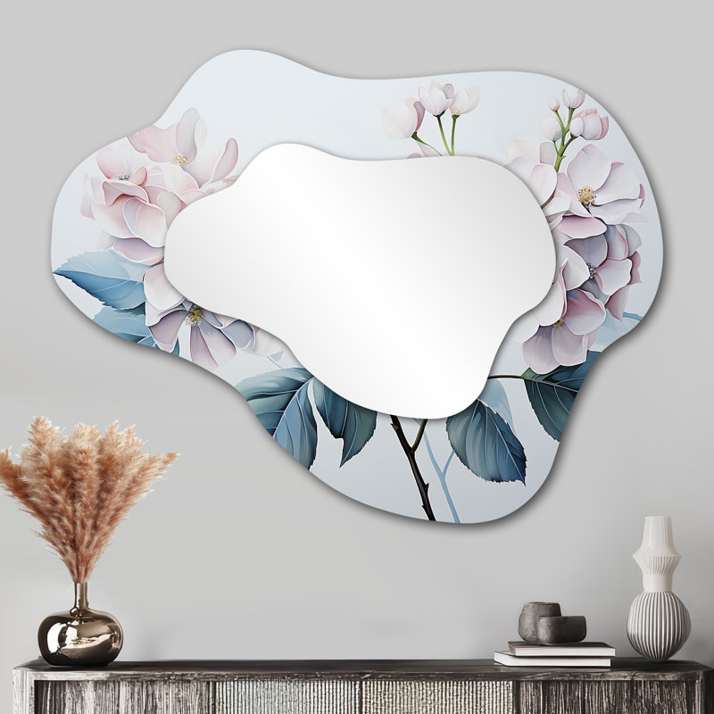 Grey Minimalism Hydrangea Delight III - Hydrangea Cloud Decorative Mirror, Traditional Asymmetrical Wall Mirror, Printed Metal Art