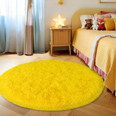 Round Shag Rugs, Soft Non-slip Fluffy Rug for Bedroom, Living Room, Teen Rooms Home Decor, Bright Yellow