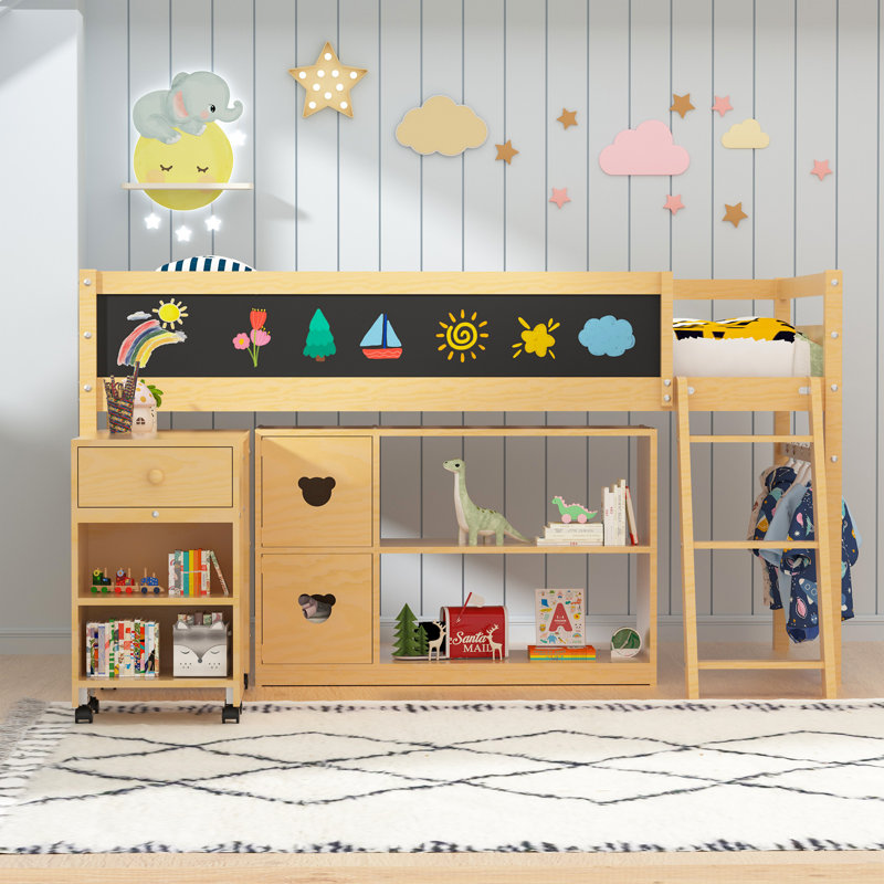 Twin Size Low Loft Bed with Desk & Storage, Natural