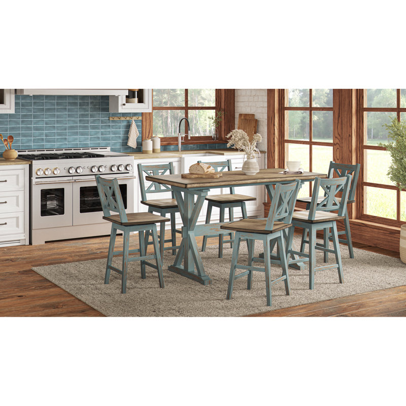 X Base Casual Counter Height Dining Table In Blue Color Blue, Solid Wood +