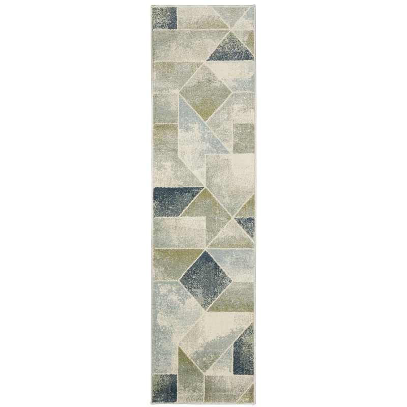 Tapis d'intérieur bleu / vert à motif géométrique contemporain Schœneck, Tapis de couloir 1 pi 10 po x 7 pi 3 po