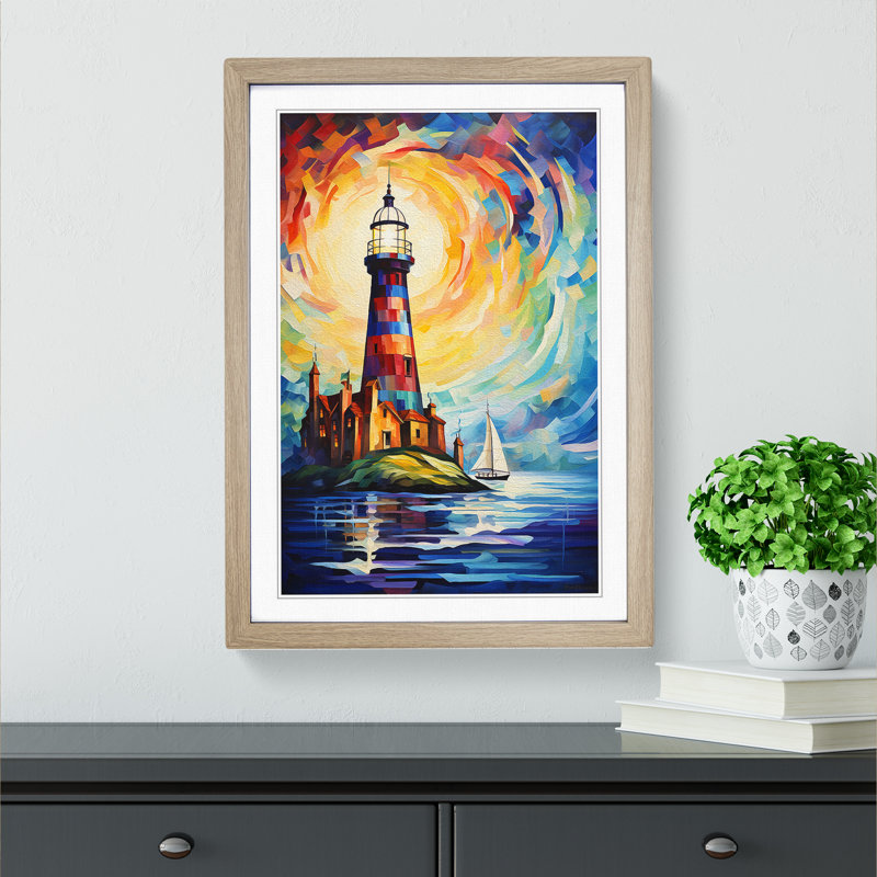 Lighthouse Abstract Art - Framed Print, 34cm H x 25cm W x 2cm D, Oak Framed